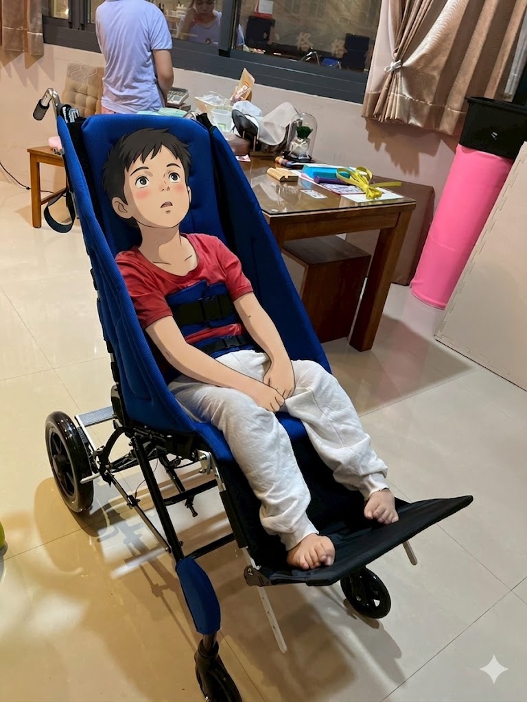 傳愛輔具專業人員現場調整藍色兒童擺位推車的骨盆角度與支撐帶