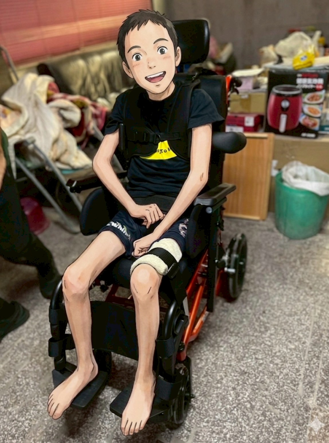傳愛輔具專業技術員為小律現場進行兒童擺位輪椅的骨盆中立位、側支撐墊角度與壓力管理參數微調