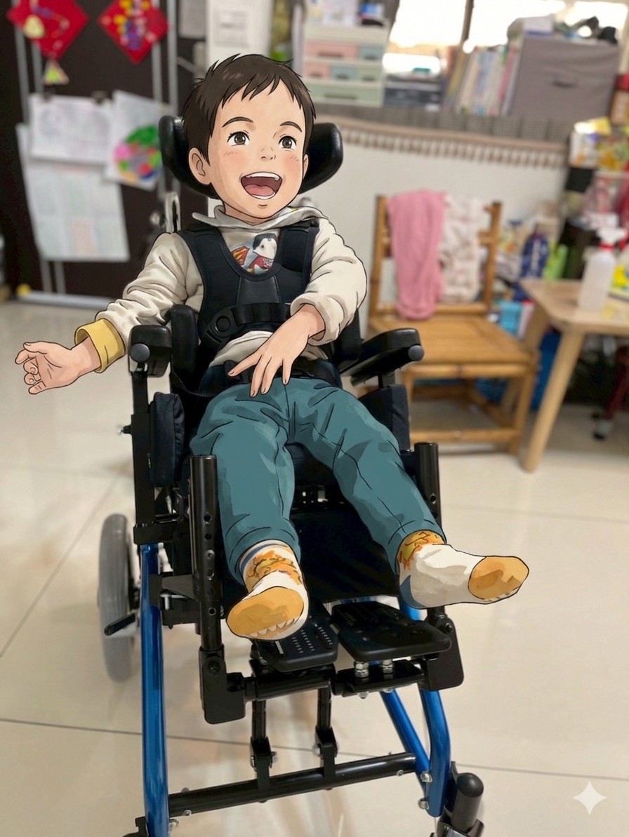 傳愛輔具專業技術員為小律現場進行兒童擺位輪椅的骨盆中立位、側支撐墊角度與壓力管理參數微調