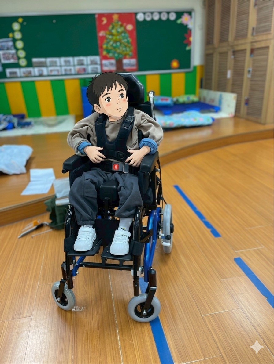 傳愛輔具專業技術員為小律現場進行兒童擺位輪椅的骨盆中立位、側支撐墊角度與壓力管理參數微調