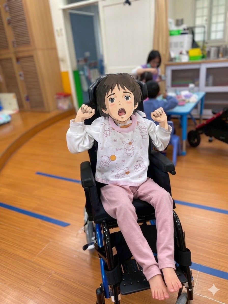 傳愛輔具專業技術員為小律現場進行兒童擺位輪椅的骨盆中立位、側支撐墊角度與壓力管理參數微調