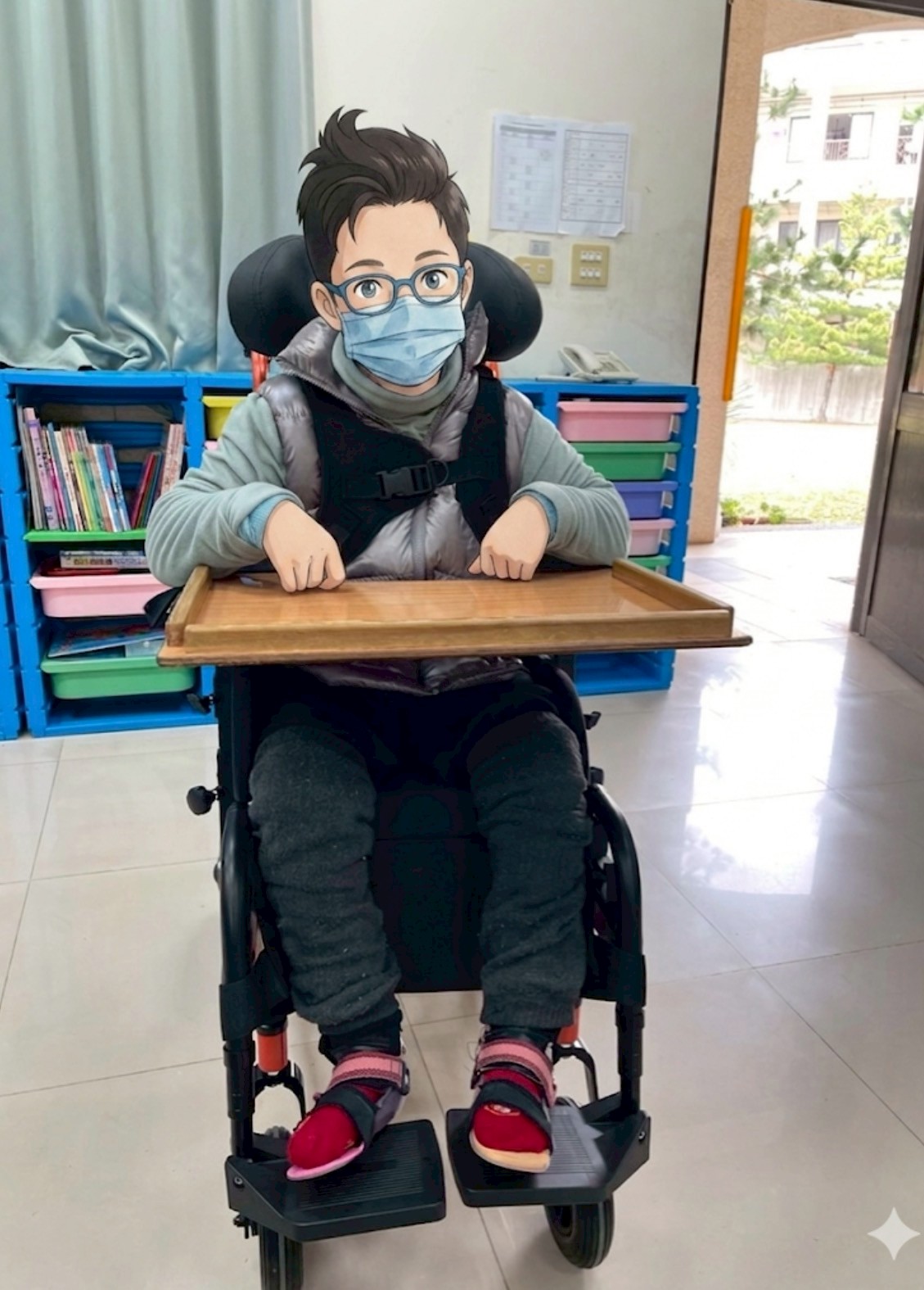 傳愛輔具專業技術員為古古進行兒童擺位輪椅的動態張力觀察、骨盆穩定性與軀幹中線防偏移精密校正
