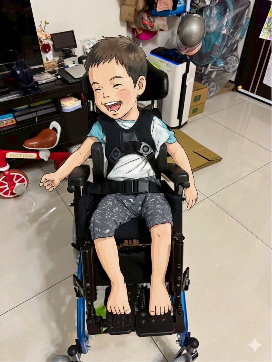 傳愛輔具專業技術員為晴晴現場進行兒童擺位輪椅的胸帶骨盆帶角度、骨盆穩定性與空中傾倒功能精密生物力學參數調校