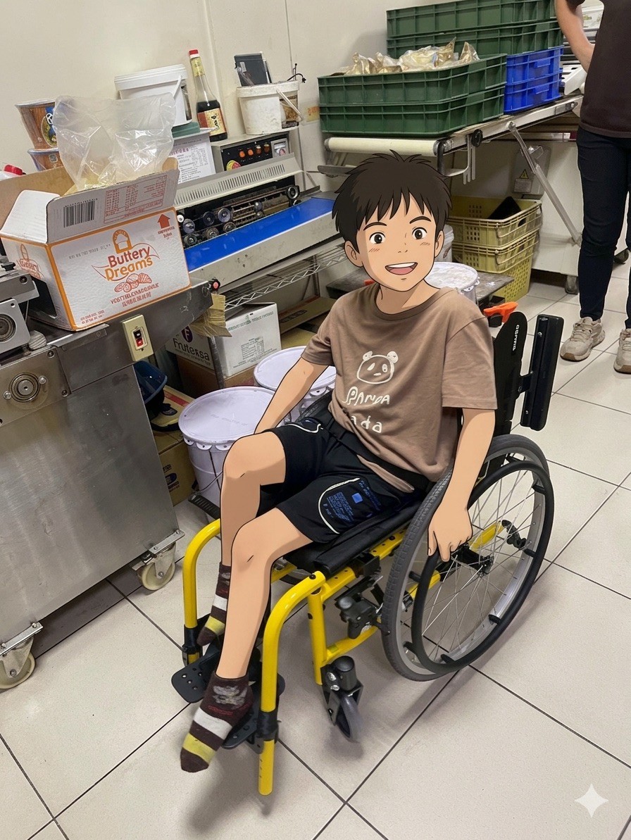 傳愛輔具專業技術員為小碩現場進行兒童擺位輪椅的發力習慣觀察、骨盆穩定性精確鎖定與空中傾倒功能精密生物力學參數調校